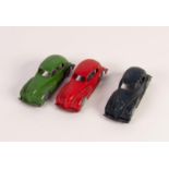 THREE BETAL DIECAST MODELS OF STREAMLINE COUPE CARS , red, dark blue, green with metal wheels
