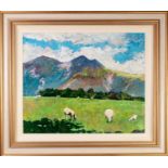 TIMMY MALLETT (b. 1955) OIL PAINTING ON CANVAS-BOARD 'Sheep on Mountains' 19 1/2" x 23 1/2" (49.5