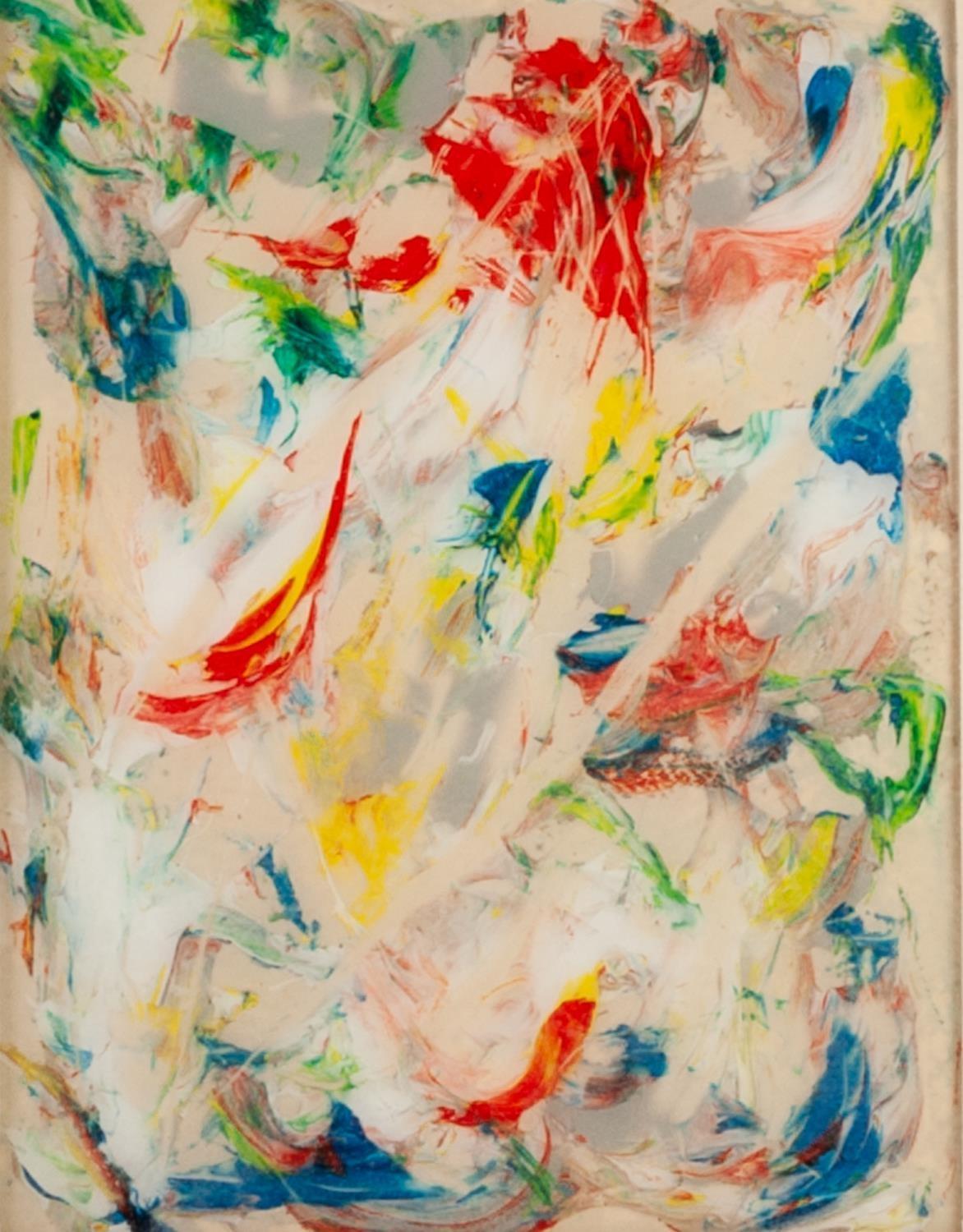 G AIRD (modern) OIL ON opaque glass Abstract composition labelled verso 12.75" x 9.75" (32.5 x 25)