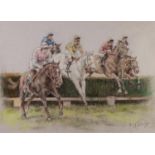 FRANCO MATANIA R.I. (1922-2006) COLOURED CHALK DRAWING ON GREY PAPER, 'Over the Hurdles' Signed