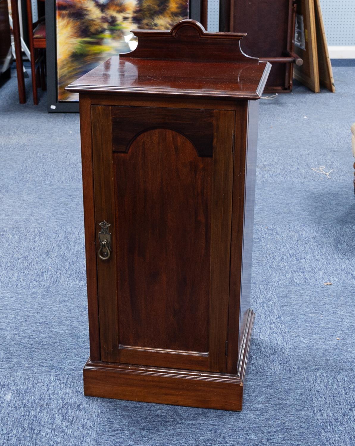 EDWARDIAN MAHOGANY BEDSIDE CABINET, the moulded oblong top with short back, set above a panelled