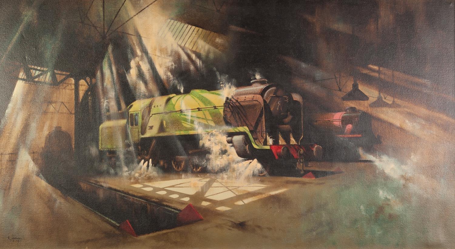 R. ALTHAM (TWENTIETH CENTURY) OIL PAINTING ON CANVAS Steam locomotives in a shed Signed and dated