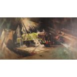 R. ALTHAM (TWENTIETH CENTURY) OIL PAINTING ON CANVAS Steam locomotives in a shed Signed and dated