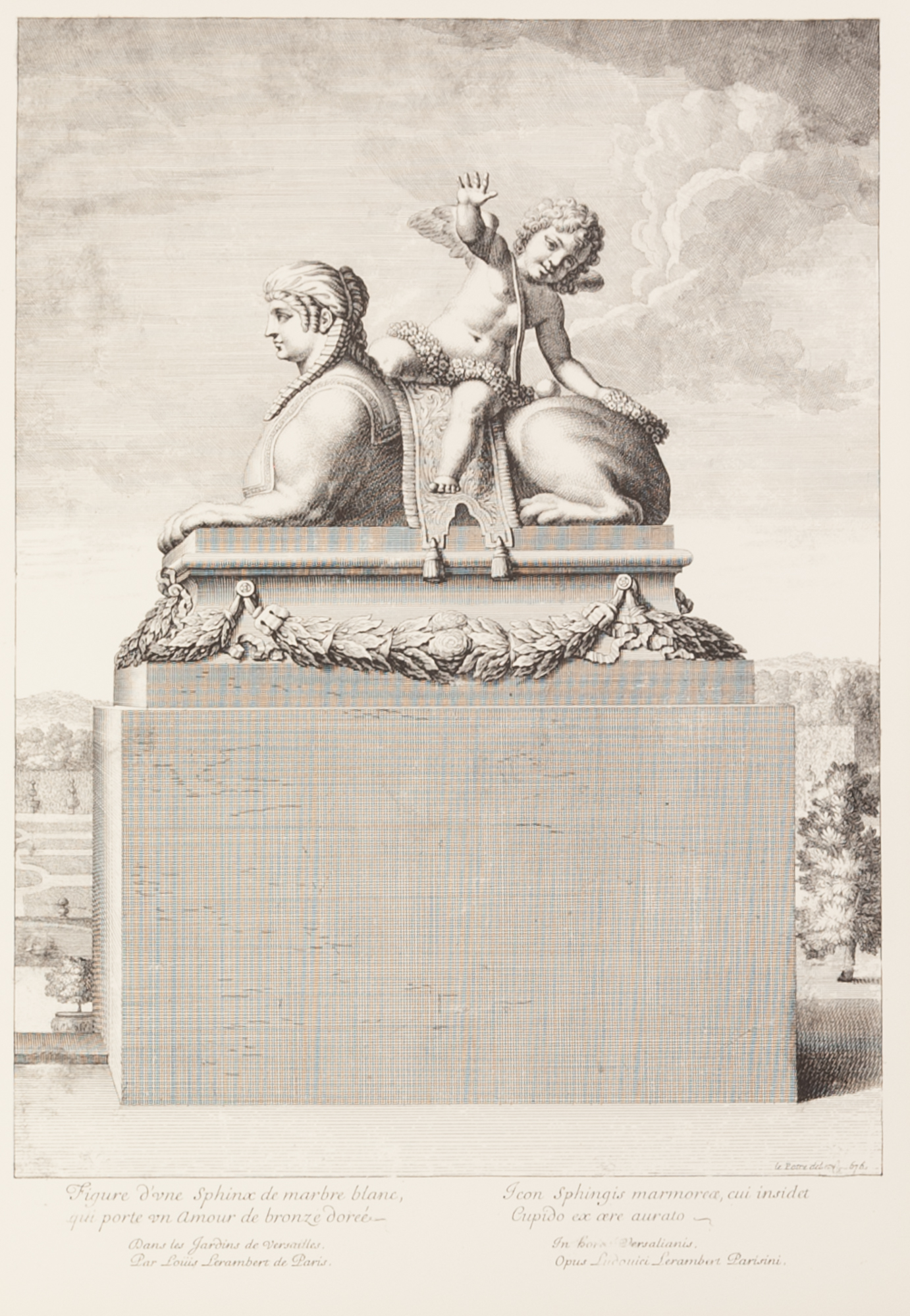 Two French facsimile prints after late 17th century copper plate engravings Sphinxes at Versailles