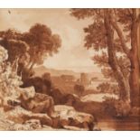 UNATTRIBUTED (EARLY NINETEENTH CENTURY) PEN AND SEPIA WATERCOLOUR DRAWING River landscape with