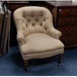 VICTORIAN ROSEWOOD TUB CHAIR, the deep buttoned back with downswept arms, above a bow fronted