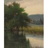 JAMES WILLIAM STAMPER (b.1873) WATERCOLOUR DRAWING Tranquil river landscape at dusk Signed 11 ¾? x 9