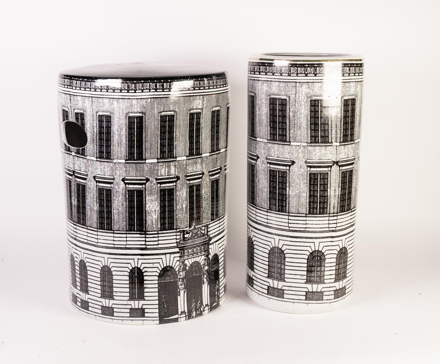 TWO PIECES OF MODERN POTTERY PRINTED WITH DESIGNS OF CLASSICAL BUILDINGS: CYLINDRICAL UMBRELLA