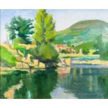 H. W. CRITCHLEY OIL PAINTING ON CANVAS A plein-air Continental river landscape with a church