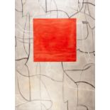 BRITISH SCHOOL modern OIL ON CANVAS Abstract with red square Unsigned 38.50" x 28" (98 x 71)