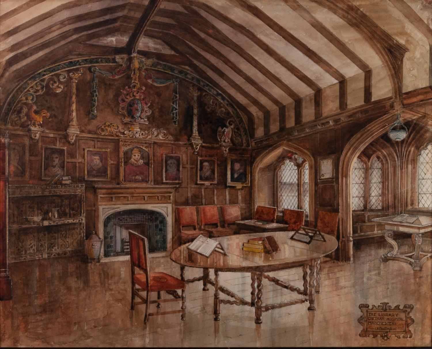 L.F BUTTERFORD 1907 WATERCOLOUR 'The Library, Chetham's Hospital, Manchester ' Signed, dated