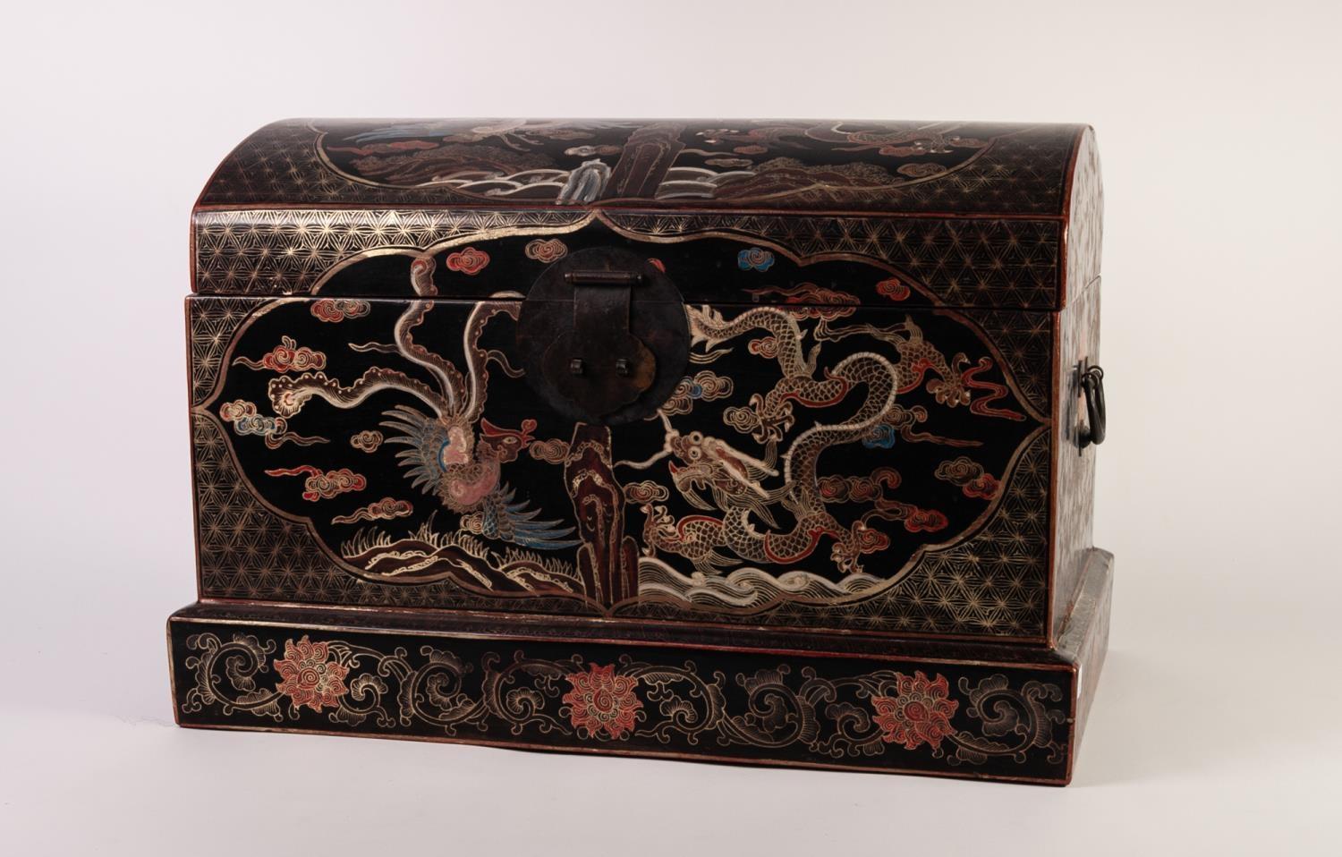 MODERN CHINESE BLACK LACQUERED AND POLYCHROME PAINTED DOME TOP SMALL TRUNK, of typical form with