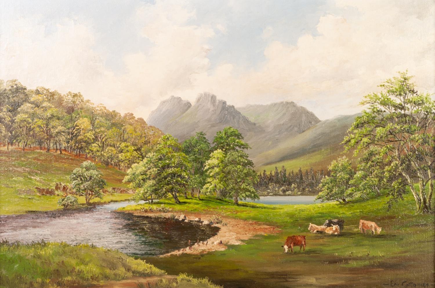 ERIC COTTAM (Modern) OIL PAINTING ON BOARD 'Elterwater and the Longdales' Signed and dated (19)84