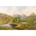 ERIC COTTAM (Modern) OIL PAINTING ON BOARD 'Elterwater and the Longdales' Signed and dated (19)84