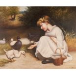 M DEALY modern OIL ON CANVAS Victorian pastiche of girl feeding ducks Signed lower right Dated