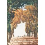 MODERN SCHOOL WATERCOLOUR Continental scene with a promenade between an avenue of trees,