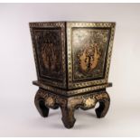 MODERN ORIENTAL BLACK LACQUERED AND GILT PAINTED SQUARE JARDINIERE AND STAND, of tapering from