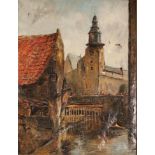 ?A. FRASER (EARLY TWENTIETH CENTURY) OIL PAINTING ON CANVAS Continental town scene with river and