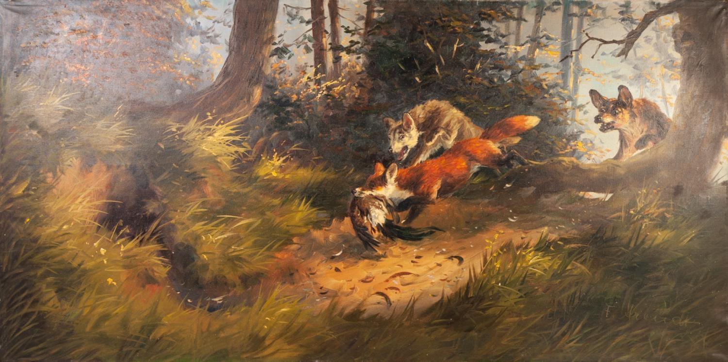 F. ARENDT (20th Century) OIL PAINTING ON CANVAS Wolves in pursuit of a fox in a woodland landscape