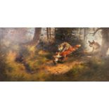 F. ARENDT (20th Century) OIL PAINTING ON CANVAS Wolves in pursuit of a fox in a woodland landscape