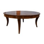 PROBABLY FRENCH, NINETEENTH CENTURY LARGE FIGURED WALNUT DINING TABLE, of circular form the top