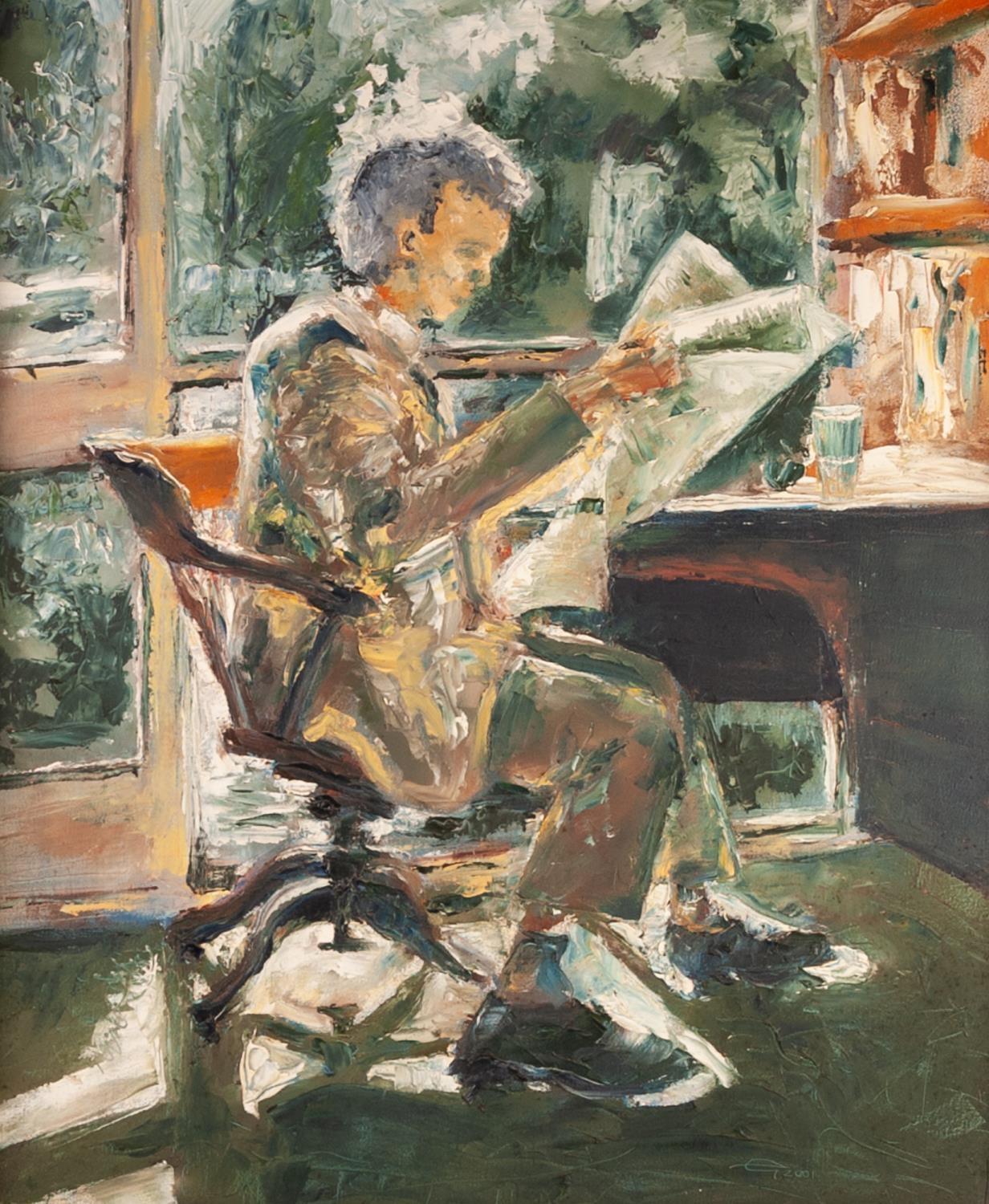 BRITISH SCHOOL Modern OIL ON CANVAS Man seated at his desk reading a newspaper Initialled and