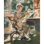 BRITISH SCHOOL Modern OIL ON CANVAS Man seated at his desk reading a newspaper Initialled and