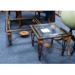 GRADUATED PAIR OF MODERN GLASS TOPPED OCCASIONAL TABLES, each square with stone ball and copper