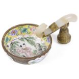 A 19th century Chinese Canton enamel libation cup with carved jade handle