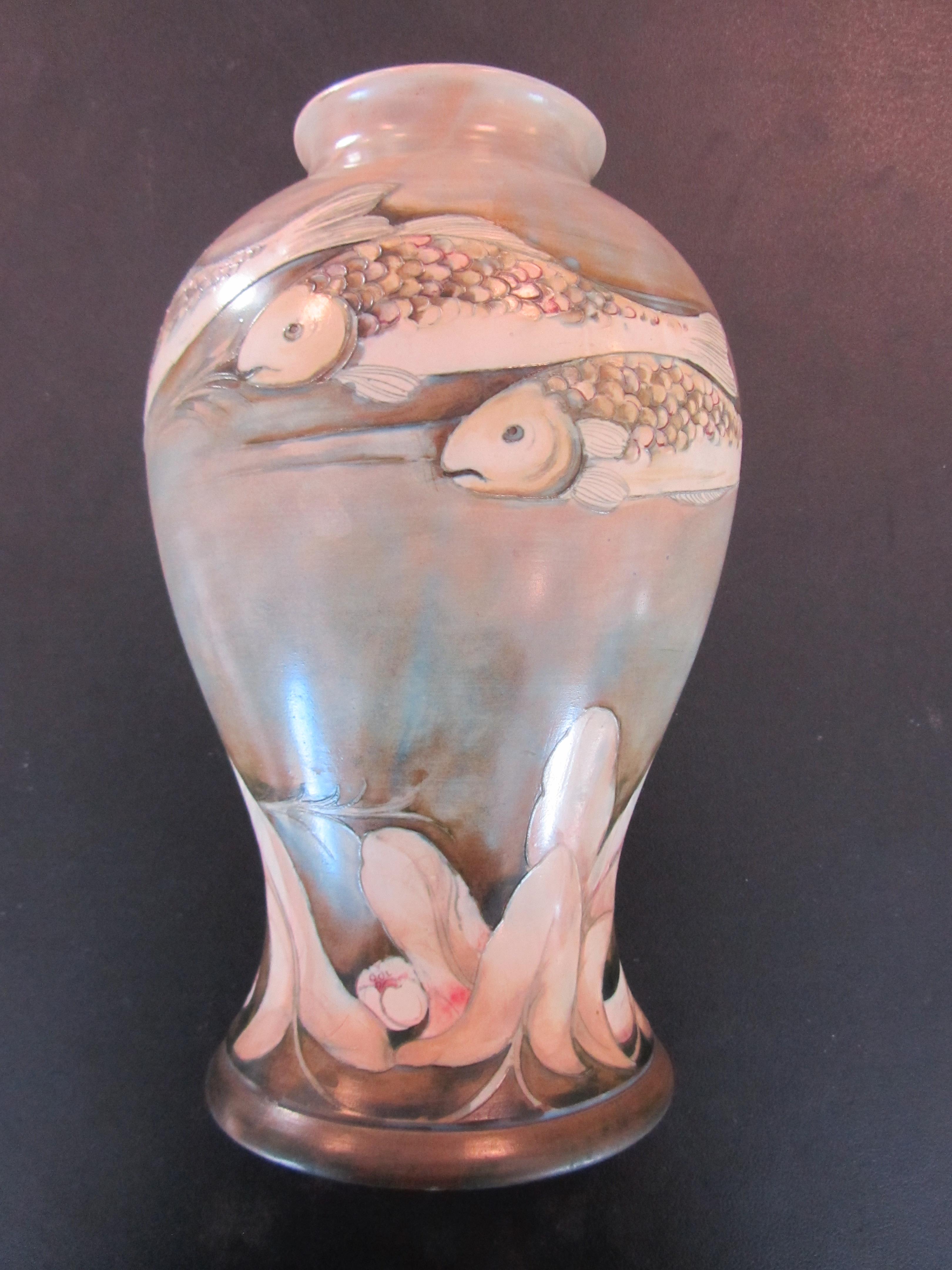 An unusual large William Moorcroft 'Fish' salt glazed vase, c1930's - Image 6 of 16