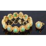 A Continental contemporary yellow metal filigree and jade panel bracelet and matching ring