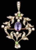 An attractive suffragette Art Nouveau amethyst, demantoid garnet and pearl set scroll pendant brooch