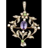 An attractive suffragette Art Nouveau amethyst, demantoid garnet and pearl set scroll pendant brooch