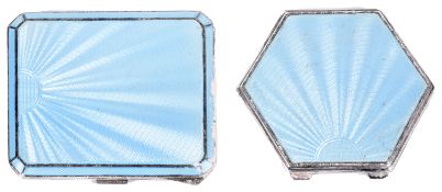 An Art Deco silver and blue guillioche enamel cigarette case and similar compact