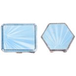 An Art Deco silver and blue guillioche enamel cigarette case and similar compact