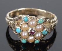 An early Victorian ruby, turquoise and seed pearl cluster ring