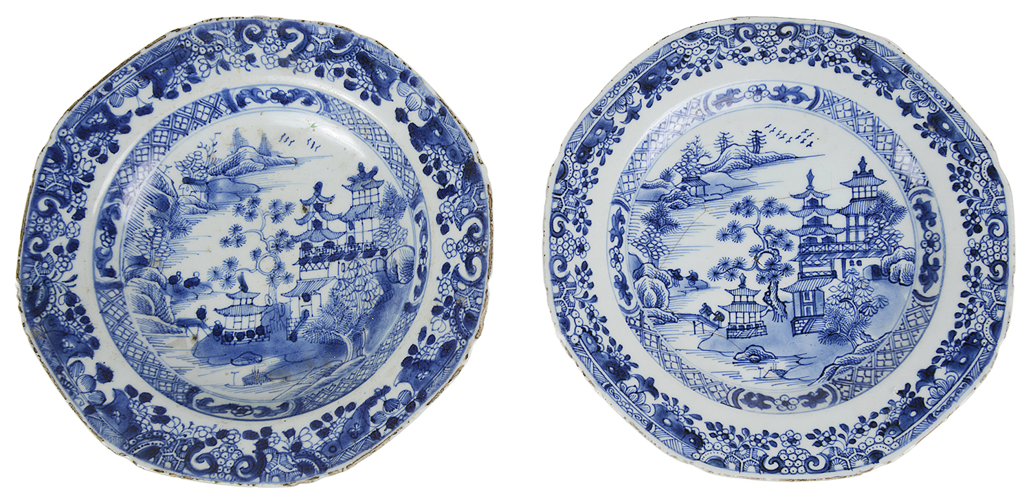 A Chinese blue and white export porcelain dinner plate and matching soup plate