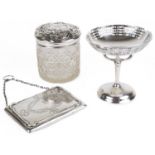 Edwardian and later silver, an evening purse, silver tazza and a silver topped dressing table jar