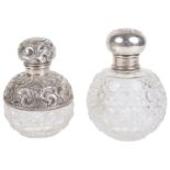 An Edwardian silver and cut glass globular perfume bottle and another