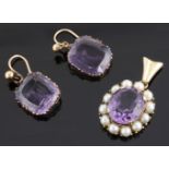 A pair of Georgian amethyst ear drops and a later amethyst and seed pearl pendant