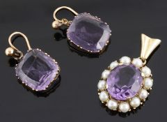 A pair of Georgian amethyst ear drops and a later amethyst and seed pearl pendant