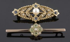 An Edwardian peridot and seed pearl bar brooch and another