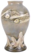 An unusual large William Moorcroft 'Fish' salt glazed vase, c1930's