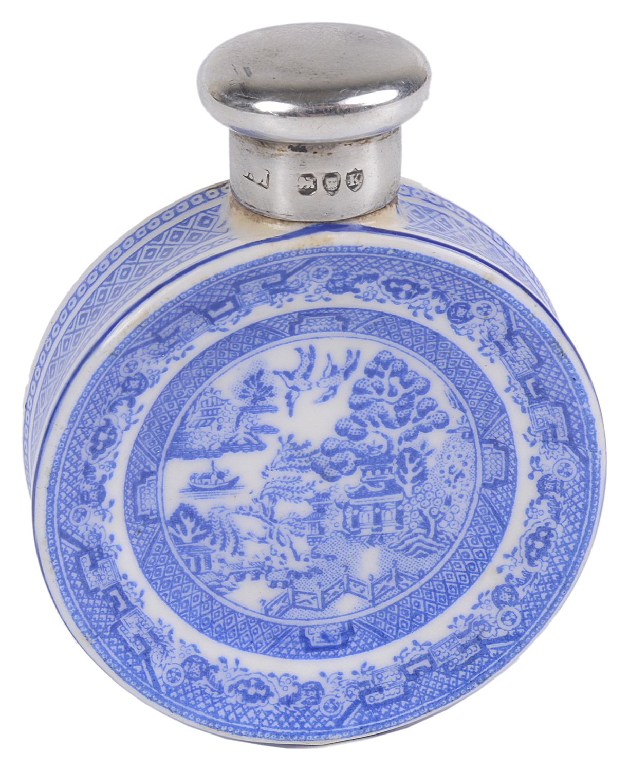 A Victorian Sampson Mordan silver mounted Willow pattern ceramic miniature scent bottle