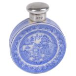 A Victorian Sampson Mordan silver mounted Willow pattern ceramic miniature scent bottle
