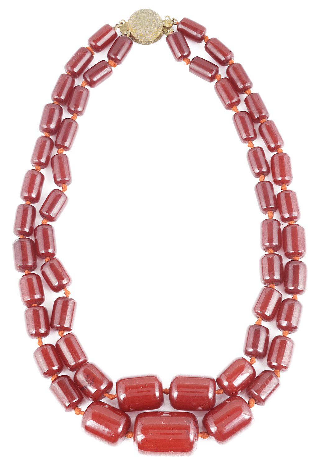 An Art Deco large cherry amber bead double row necklace