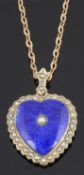 An attractive Victorian blue enamel and seed pearl heart pendant locket