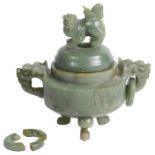 A Chinese carved green jade censer and cover
