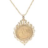 A Elizabeth II full sovereign in a 9ct gold pendent mount with 9ct fine rope twist chain,
