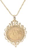 A Elizabeth II full sovereign in a 9ct gold pendent mount with 9ct fine rope twist chain,